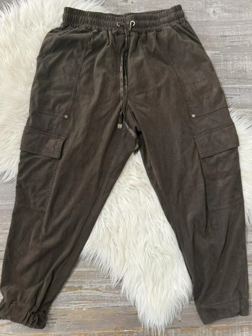 Zara Dark Olive Suede-Like Cargo Joggers Large Utility Pants - Picture 2 of 2